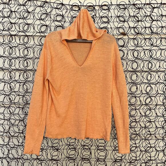 Eileen Fisher 100% Linen Orange Knit Light Weight Hoodie V Neck Sweater Coastal - Picture 1 of 8